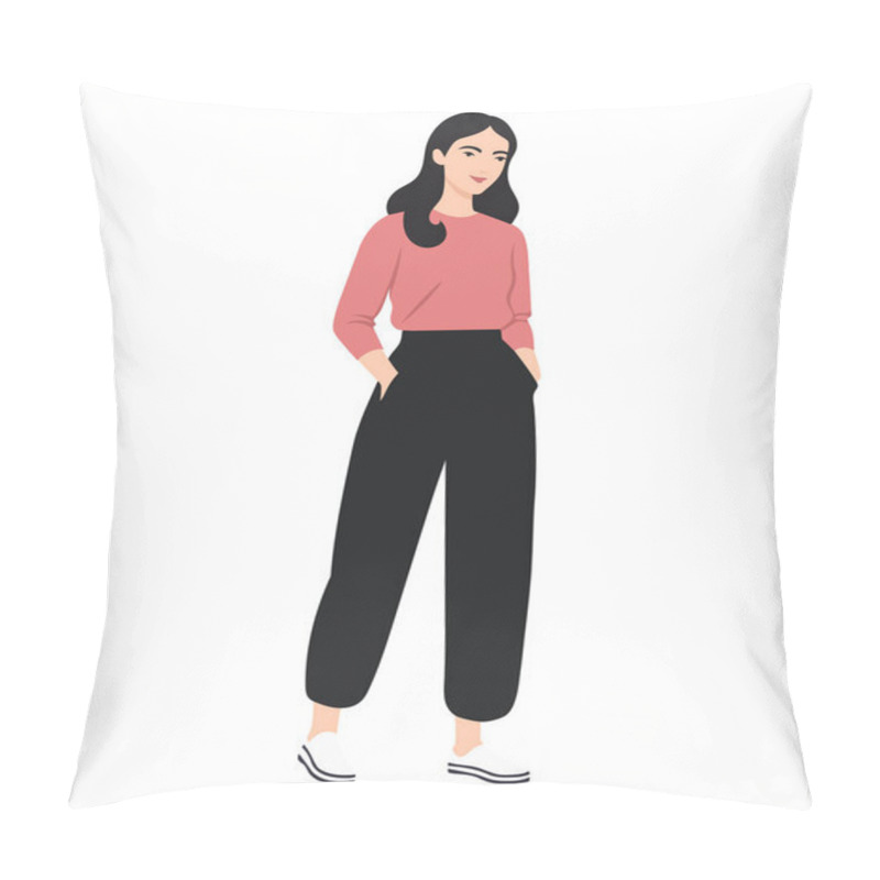 Personality  Vector Illustration Of A Girl In A Pink Sweater And Black Pants. Pillow Covers