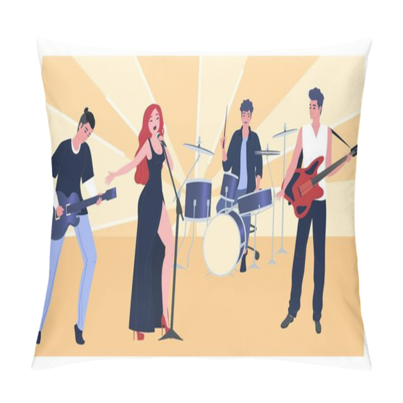 Personality  Musical Performance, Group Character Male, Female, Flat Vector Illustration. Woman Singer, Guitarist, Bassist, Drummer. Pillow Covers