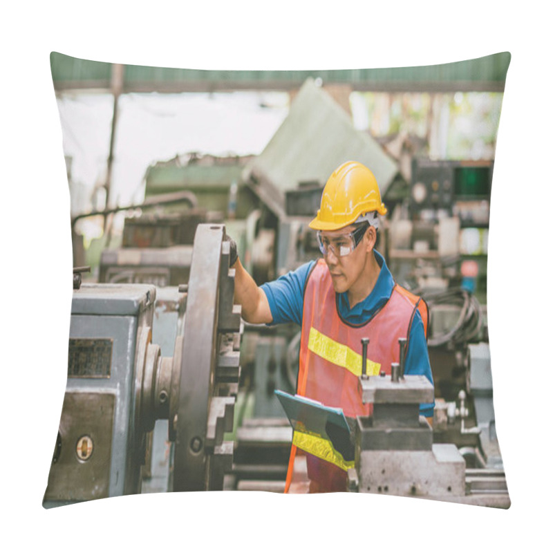 Personality  Young Asian Technician Engineer Staff Worker Using Lathe CNC Milling Machine Work In Heavy Metal Factory. Pillow Covers