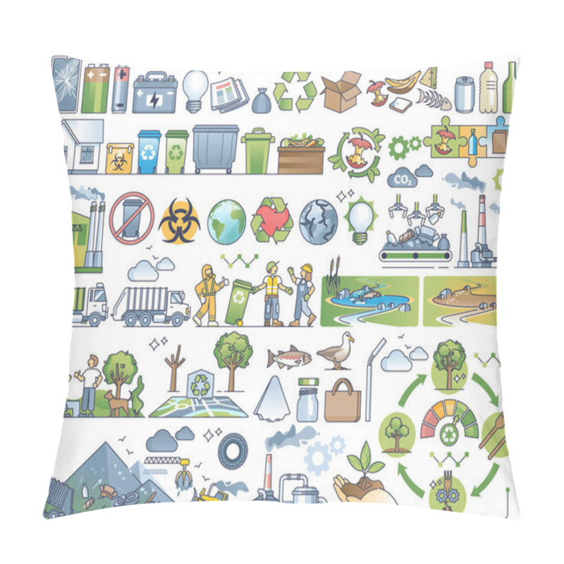 Personality  Waste Management, Recycling And Garbage Disposal In Outline Collection Set. Elements With Sustainable Resource Separation For Efficient Plastic, Paper And Glass Trash Separation Vector Illustration. Pillow Covers