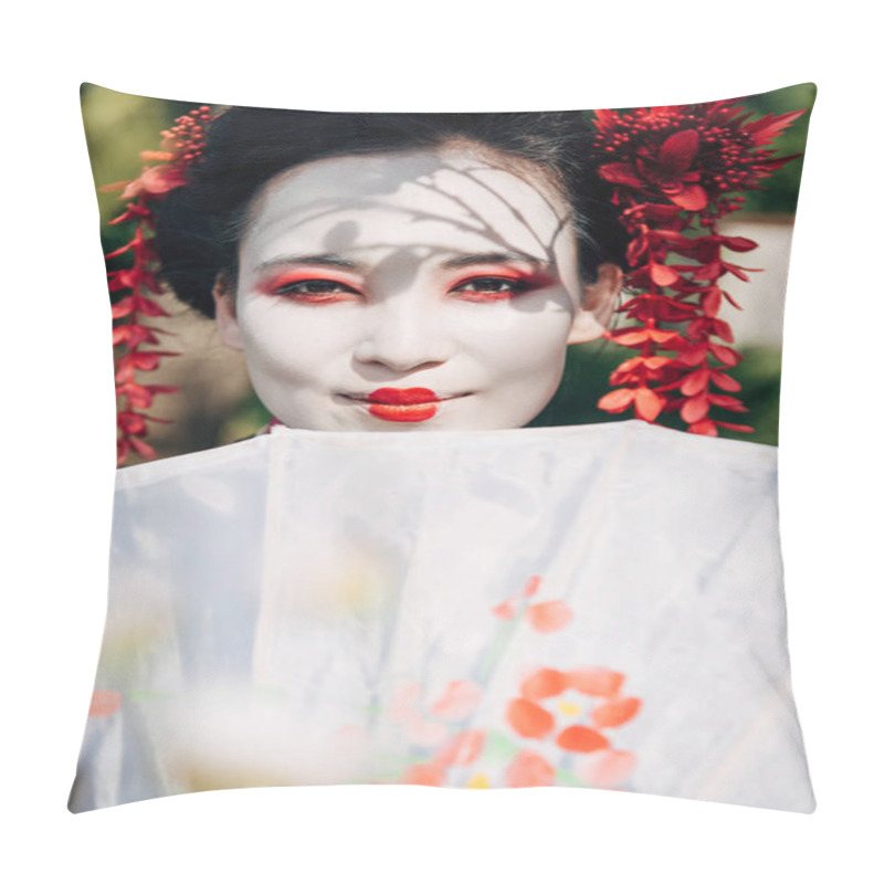 Personality  Selective Focus Of Tree Branches And Beautiful Smiling Geisha With Umbrella In Sunlight Pillow Covers