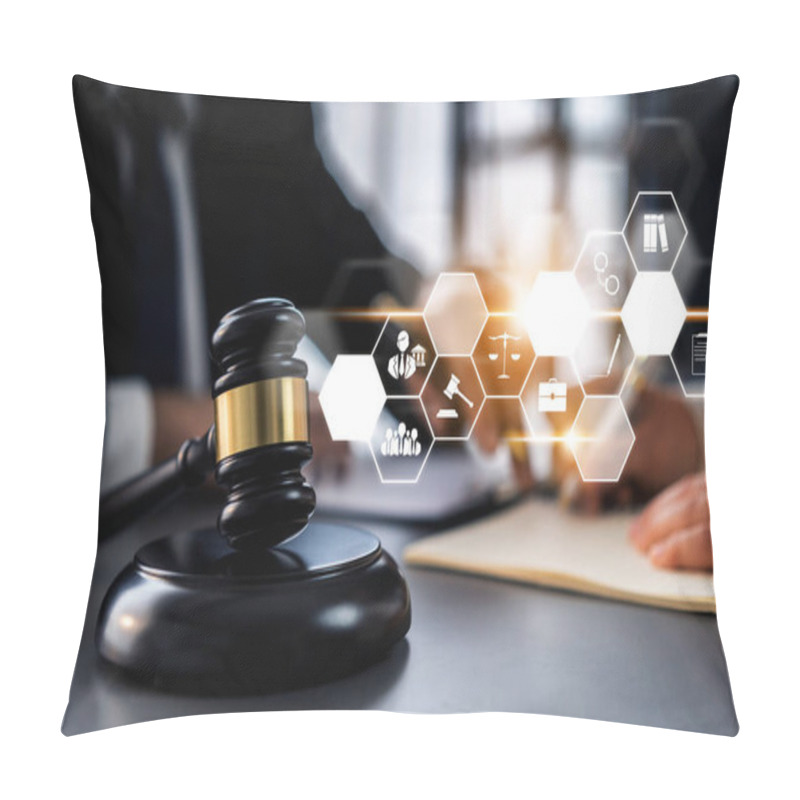 Personality  Smart Law, Legal Advice Icons And Lawyer Working Tools In The Lawyers Office Showing Concept Of Digital Law And Online Technology Of Astute Law And Regulations . Pillow Covers