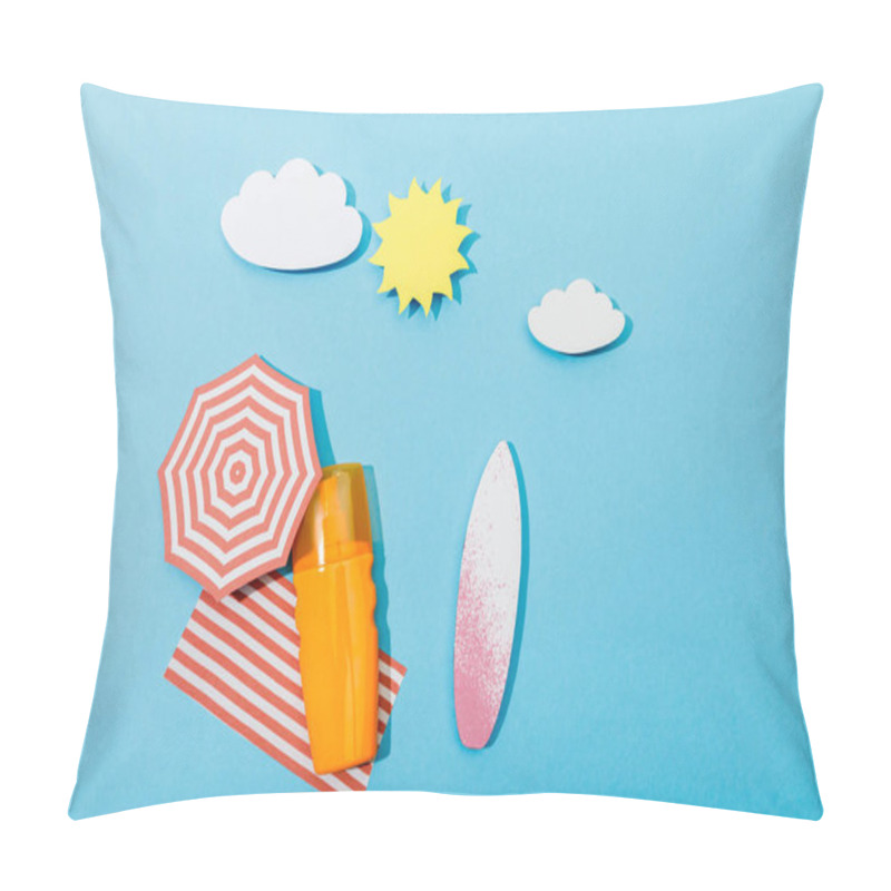 Personality  Top View Of Paper Cut Beach With Surfboards, Umbrella, Blanket And Bottle Of Sunscreen On Blue Pillow Covers