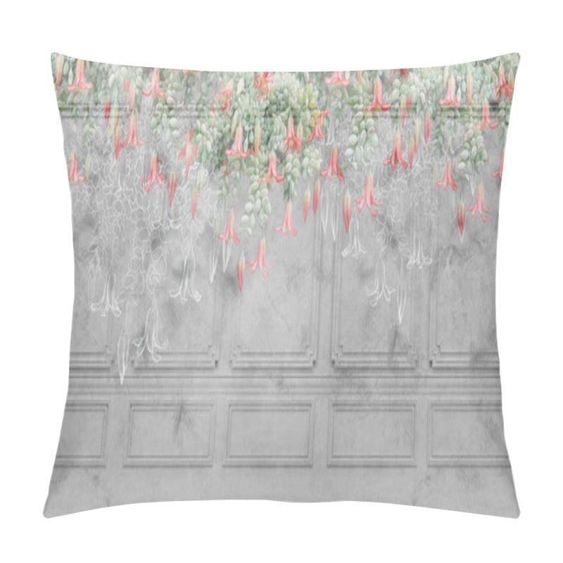 Personality  Drawn Tropical, Exotic Flowers On The Concrete Grey Wall. Floral Background For Wallpaper, Photo Wallpaper, Postcards, Cards. Loft, Modern, Classic Design. Pillow Covers