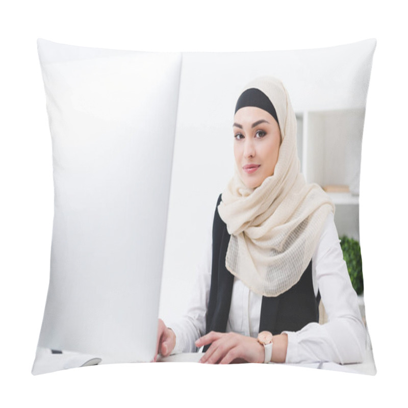 Personality  Portrait Of Smiling Muslim Businesswoman Looking At Camera While Working On Computer In Office Pillow Covers