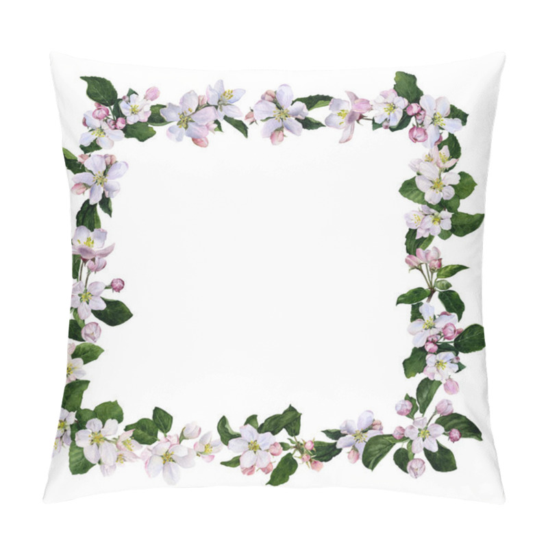 Personality  Frame Of Apple Flowers And Buds With Green Leaves Hand Painted In Watercolor Isolated On The White Background Pillow Covers