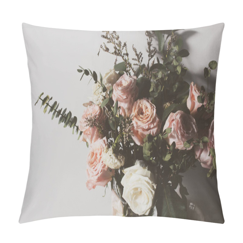 Personality  Vintage Aromatic Dried Rose Flower And Natural Leaf With White Wall In Valentine's Day Love Romantic Concept, Wedding Decoration Flora Tree Pillow Covers