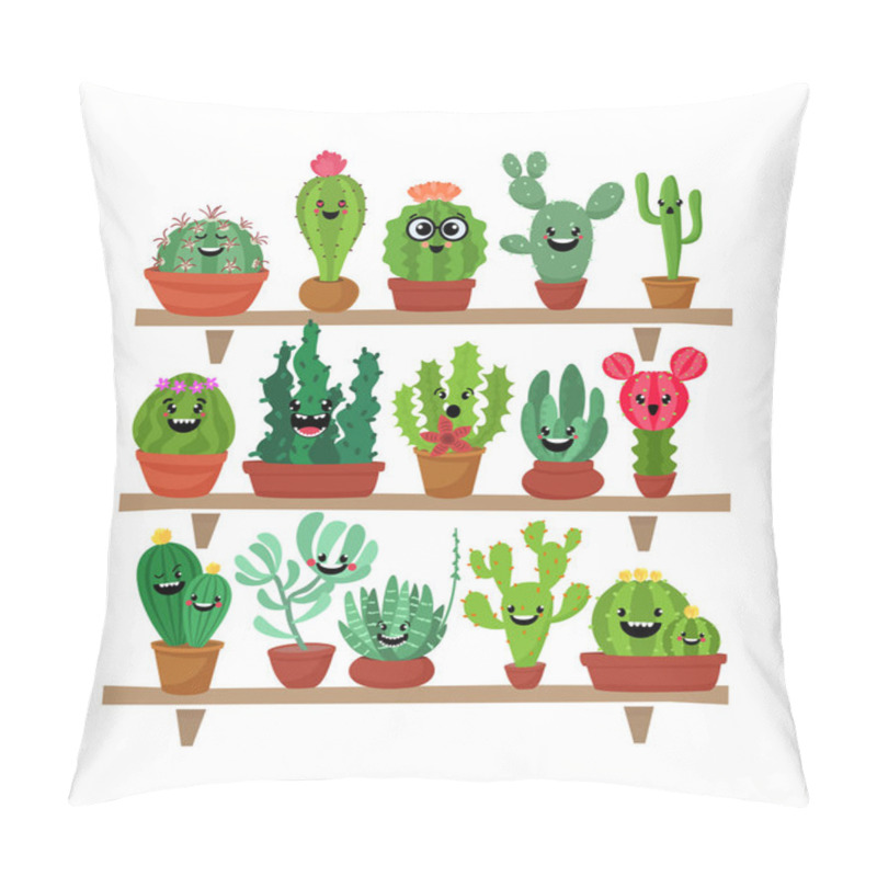 Personality  Big Set Of Cute Cartoon Cactus And Succulents With Funny Faces. Cute Stickers Or Patches Or Pins Collection. Plants Are Friends Set.Funny And Cute Cartoon Desert Cactus In Pots Vector Set Pillow Covers