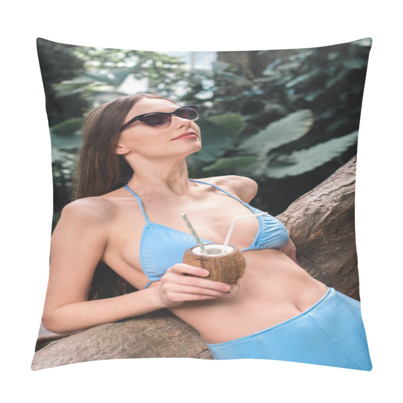 Personality  Beautiful Girl In Sunglasses Posing With Coconut Cocktail In Tropical Garden Pillow Covers