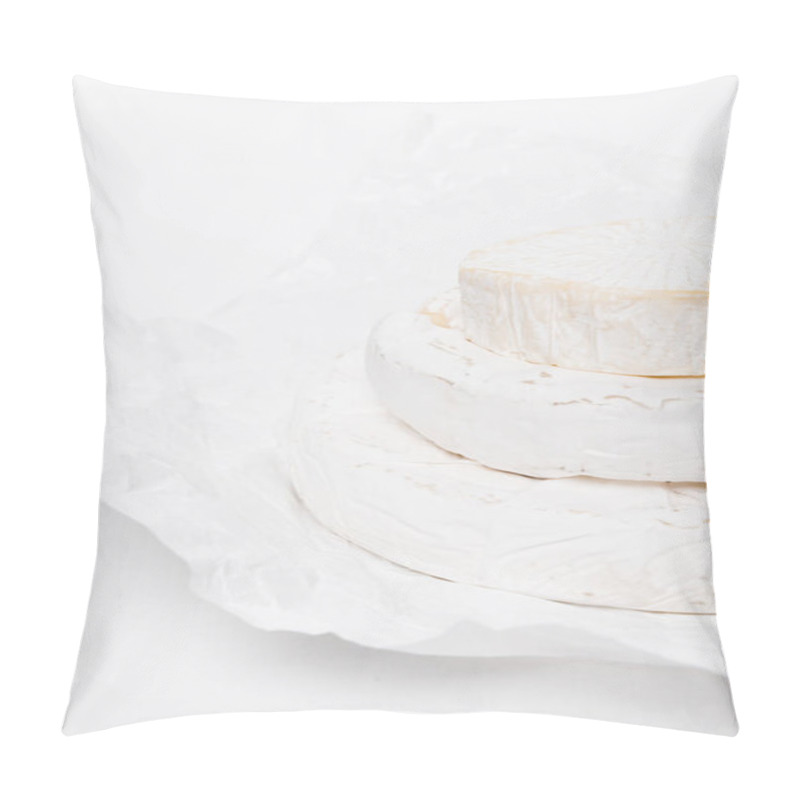 Personality  Stack Of Delicious Brie Cheese Heads On Crumpled Paper And On White Surface Pillow Covers