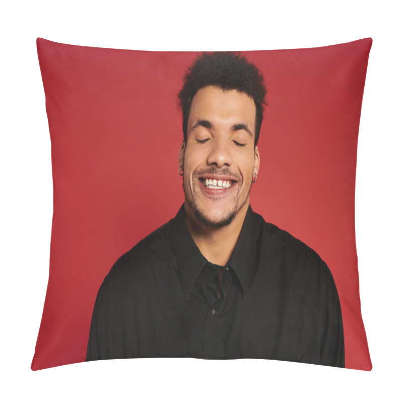 Personality  Handsome Young Man Smiles Widely With Closed Eyes Against A Vibrant Red Backdrop. Pillow Covers