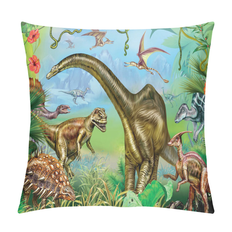 Personality  Ancient World Of Dinosaurs, Giant Dinosaurs Of Mesozoic, Jurassic And Cretaceous, Poster With Tropical And Mountain Landscape, Illustration For Encyclopedia Pillow Covers