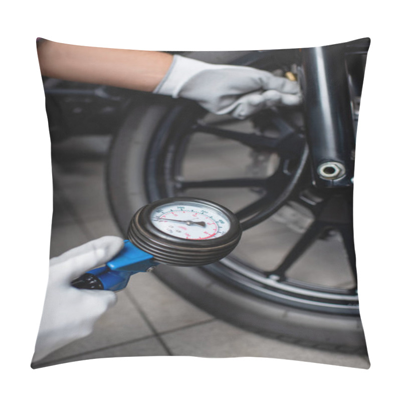 Personality  Selective Focus Of Manometer In Hands Of Mechanic Measuring Air Pressure In Tire Of Motorcycle Pillow Covers