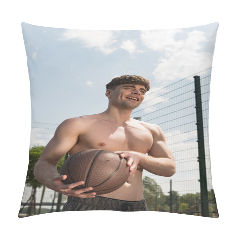 Personality  Smiling Sexy Shirtless Sportsman Holding Ball At Basketball Court Under Blue Sky Pillow Covers