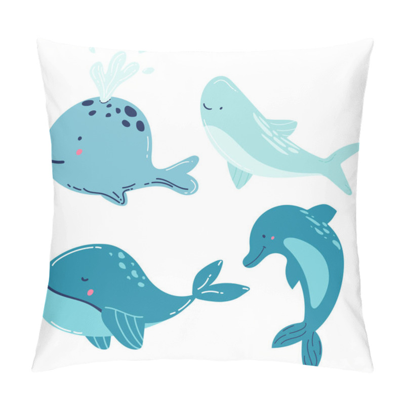 Personality  Set Of Marine Mammals Blue Whales, Sharks, Sperm Whales, Dolphins, Beluga Whales, Narwhal Killer Whales. Cartoon Vector Graphics. Pillow Covers