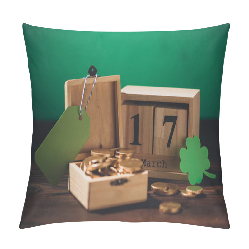 Personality  Close-up View Of Calendar, Green Shamrock Symbol, Blank Label And Golden Coins On Wooden Table Pillow Covers