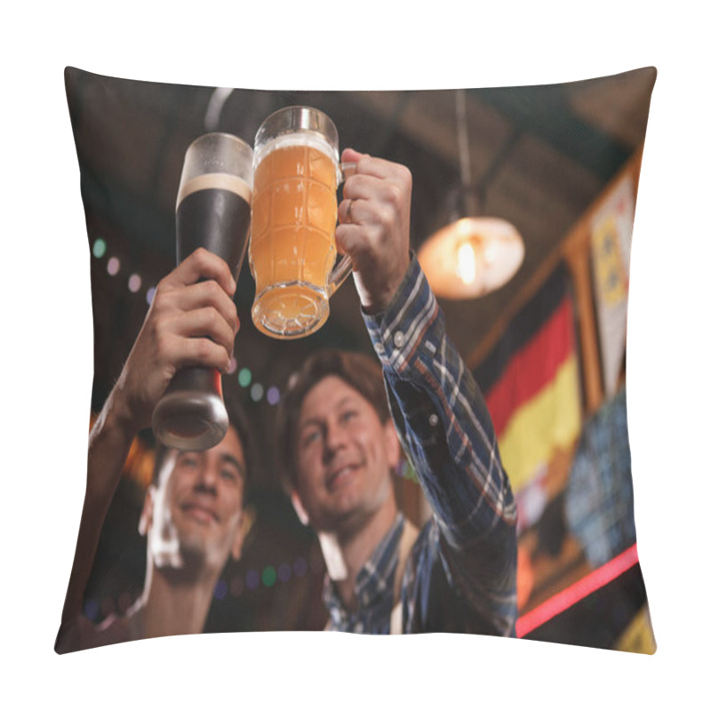 Personality  Low Angle Shot Of Two Happy Brewers Toasting And Clinking Their Beer Glasses, Copy Space Pillow Covers