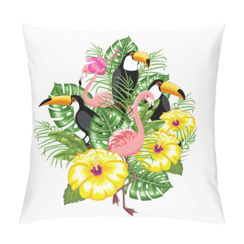 Personality  Invitation Template For Summer Advertising. Toucan Bird, Tiger, Flamingo And Tropical Leaves. Poster. Happy Summer. Pillow Covers