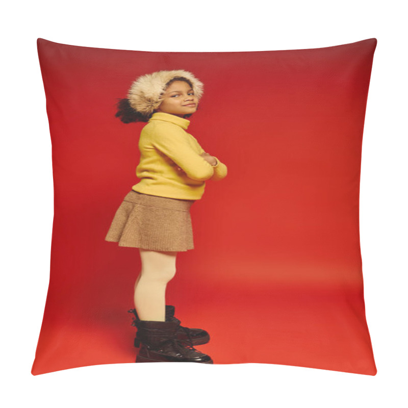 Personality  Young Girl Dressed In Cheerful Winter Fashion Stands Proudly, Embracing The Holiday Spirit Pillow Covers