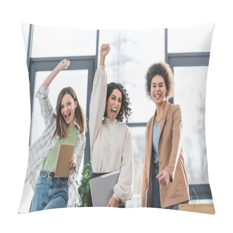 Personality  Excited Multicultural Businesswomen With Papers And Laptop Showing Yes Gesture In Office  Pillow Covers