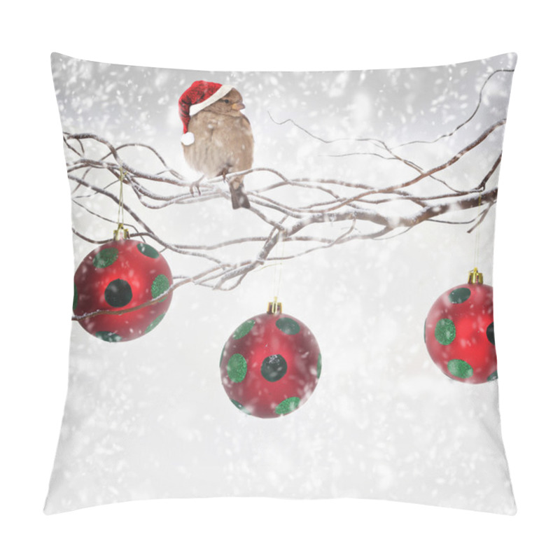 Personality  Christmas Balls And Sparrow Bird With Santa Claus Hat On Snowy Branch Pillow Covers