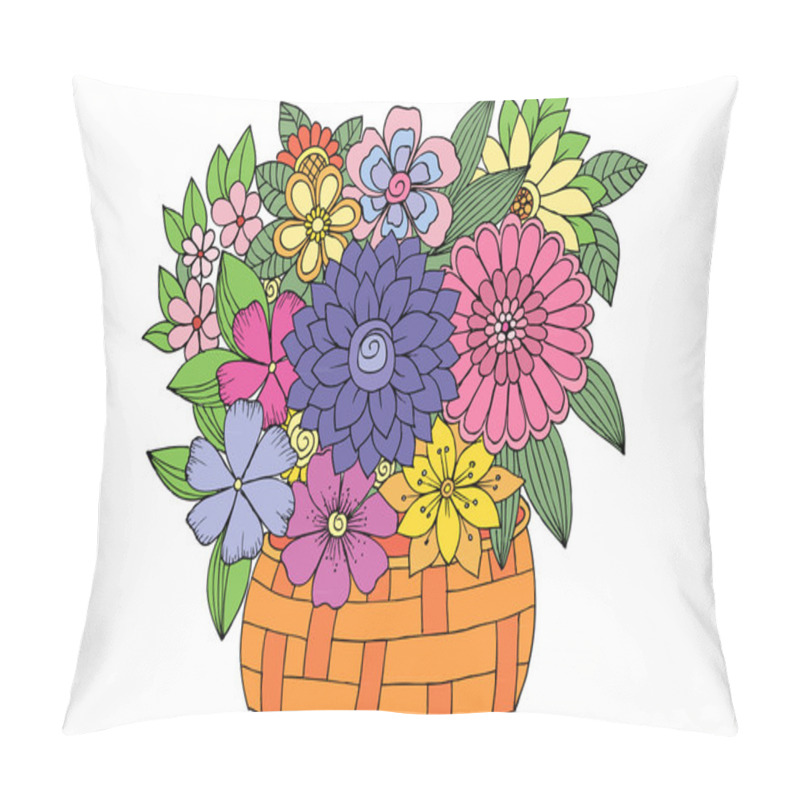 Personality  Bouquet Of Flowers In A Wood Basket. Vector Doodle Floral Image Pillow Covers