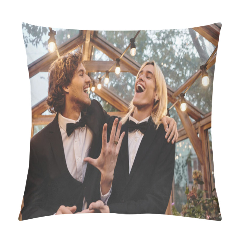 Personality  Two Young Men Share A Joyful Moment In A Beautifully Decorated Greenhouse, Surrounded By Plants And Warm Lights. Their Laughter Resonates, Celebrating Love And Connection In An Enchanting Atmosphere. Pillow Covers