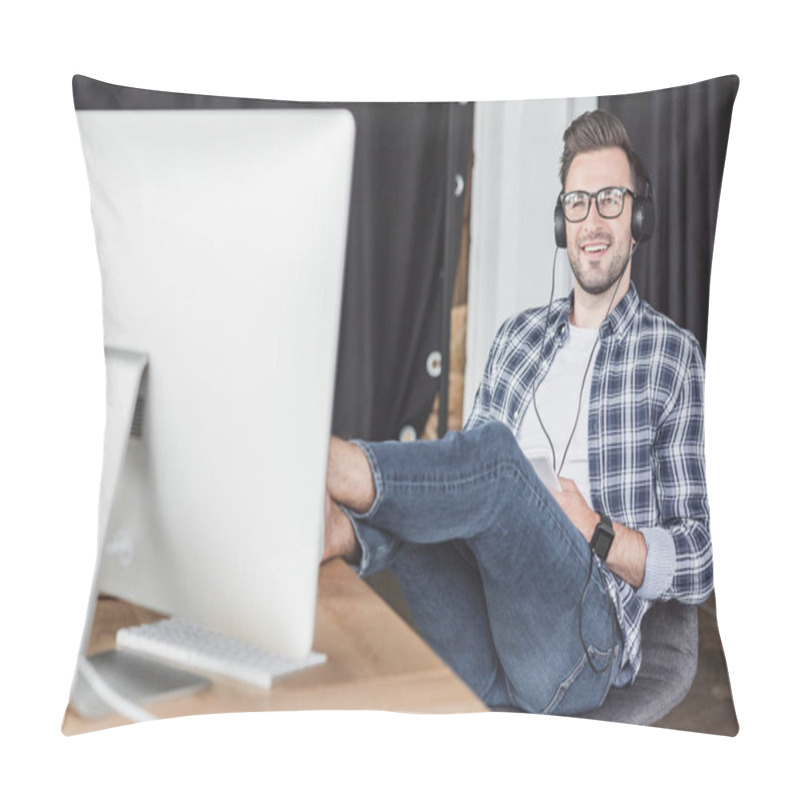 Personality  Smiling Young Man In Headphones And Eyeglasses Looking At Desktop Computer Pillow Covers