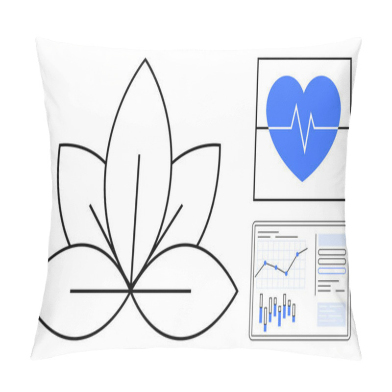 Personality  Black-lined Lotus Flower, Blue Heart With Pulse Line, And Analytical Data Chart Featuring Graphs And Bar Charts. Ideal For Wellness, Healthcare, Holistic Health, Data Analysis, Medical Technology Pillow Covers