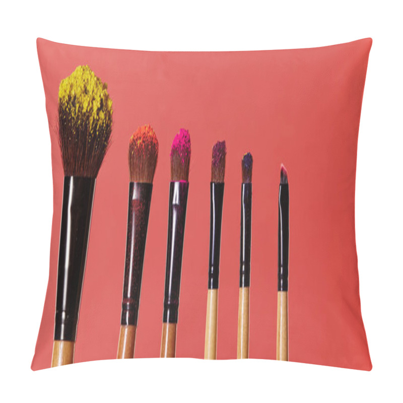 Personality  Makeup Brushes, Everyday Make-up Tools. Cosmetic Essentials On Bright Blue Background, Closeup Pillow Covers