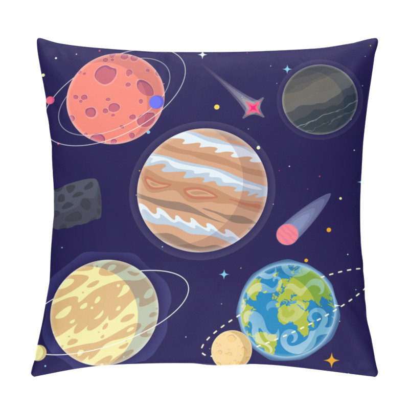 Personality  Set Of Cartoon Planets And Space Elements Including Earth, Moon And Jupiter. Vector Illustration Pillow Covers