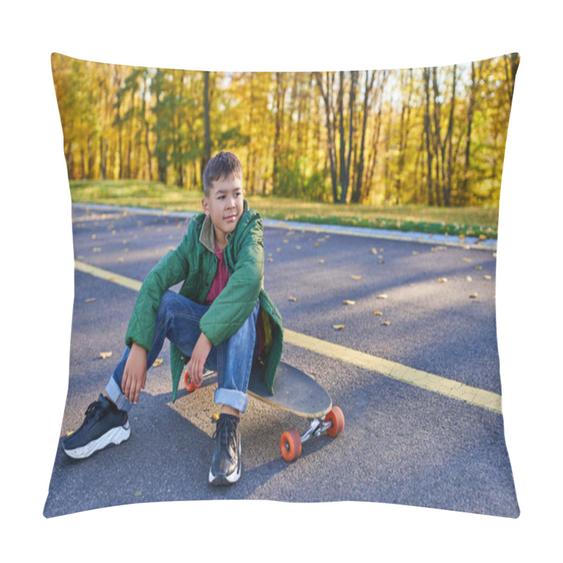 Personality  Pensive African American Boy In Outerwear Sitting On Penny Board, Autumn Park, Fall Season Pillow Covers