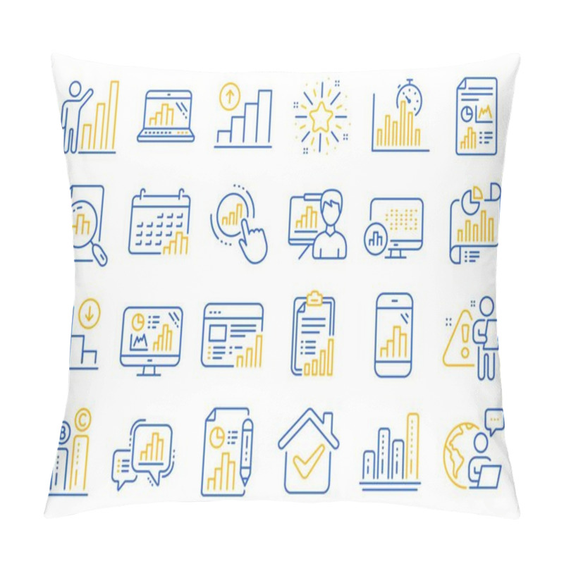 Personality  Graph Line Icons. Set Of Chart Presentation, Report, Increase Growth Graph Icons. Analytics Testing, Falling Demand, Pie Chart Report. Calendar Statistics, Stats. Ab Testing, Increase Sales. Vector Pillow Covers