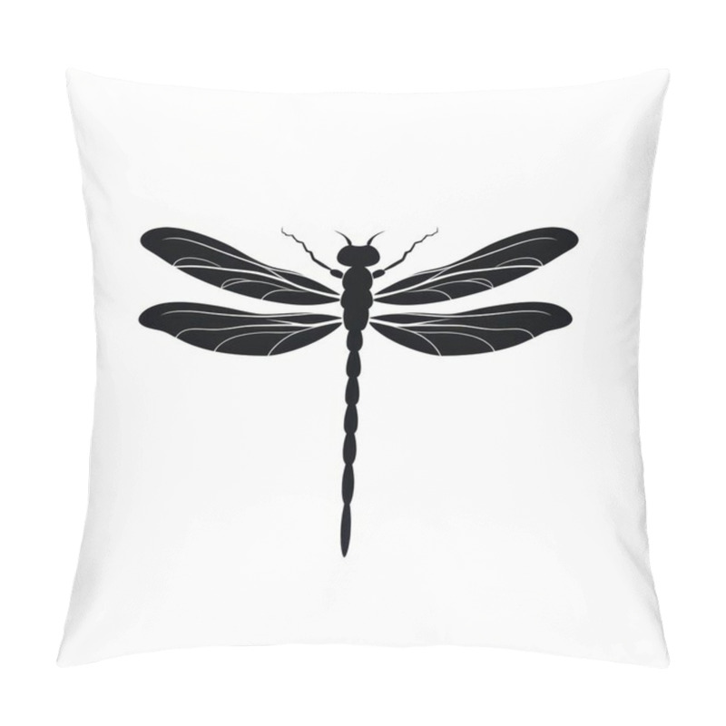 Personality  Elegant Black Silhouette Of A Dragonfly With Detailed Wings Against A White Background. Pillow Covers