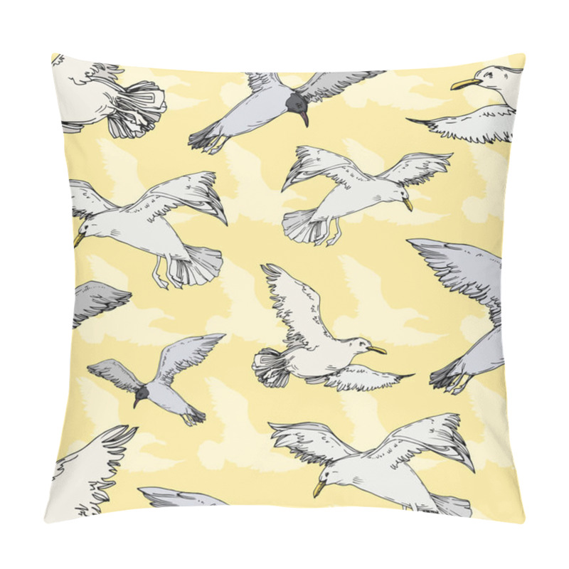 Personality  Sky Bird Seagull In A Wildlife. Black And White Engraved Ink Art. Seamless Background Pattern. Pillow Covers