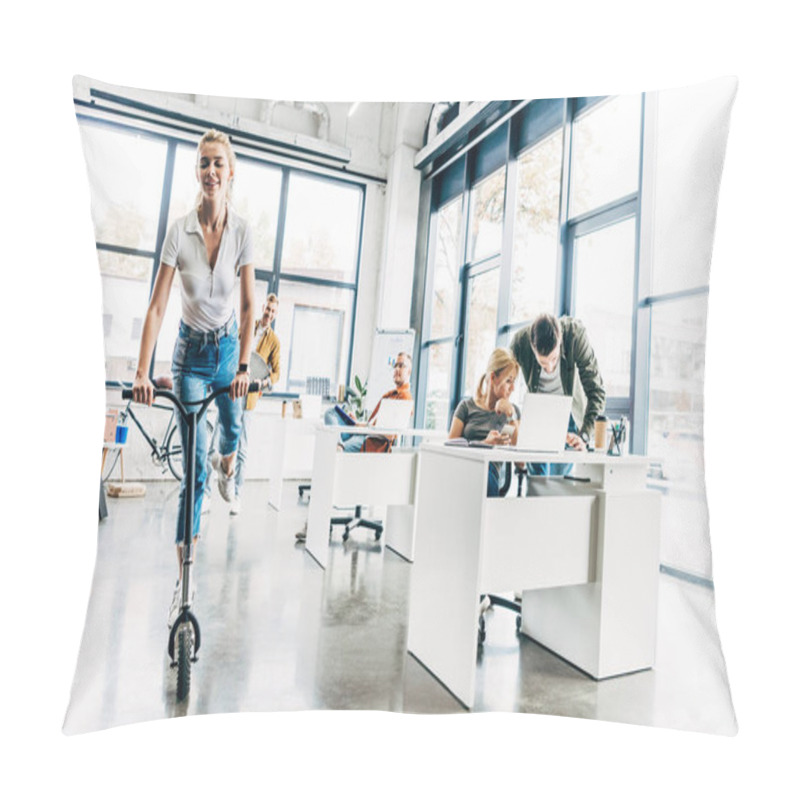 Personality  Beautiful Young Woman Riding Scooter At Modern Open Space Office Pillow Covers