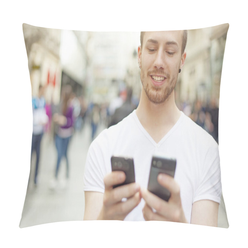 Personality  Smiling Men Looking In Two Mobile - What Is Beter? Pillow Covers