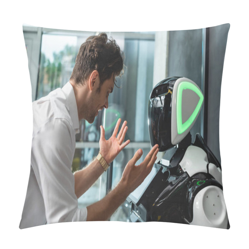 Personality  Excited Businessman Showing Wow Gesture Near Humanoid Robot In Office Pillow Covers