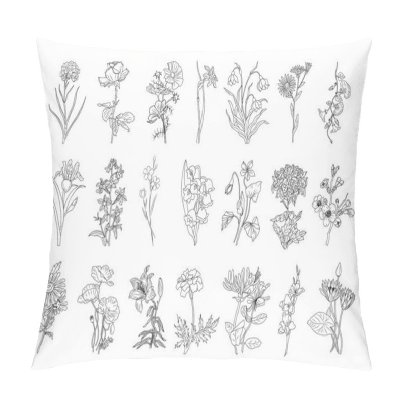 Personality  Set Of Botanical Line Art. Black Ink Sketch Of Flowers Collection Isolated On White Background. Minimalist Vector Illustrations For Tattoo, Wall Art, Cards, Packaging And Labeling Design. Pillow Covers