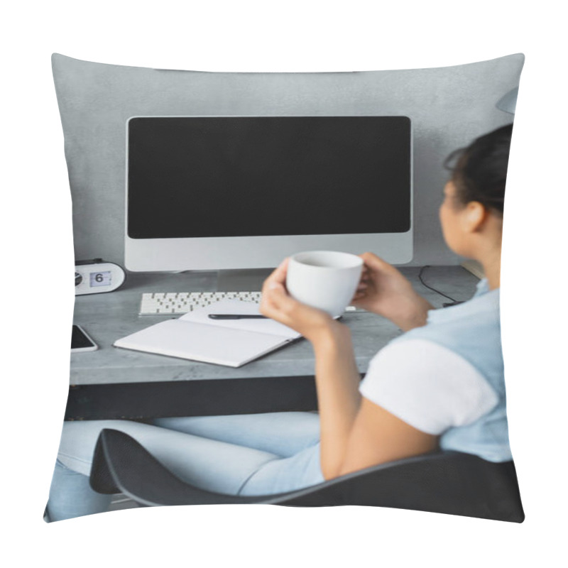 Personality  Young African American Freelancer Holding Cup Of Tea Near Computer Monitor, Smartphone And Notebook On Desk, Blurred Foregroud Pillow Covers