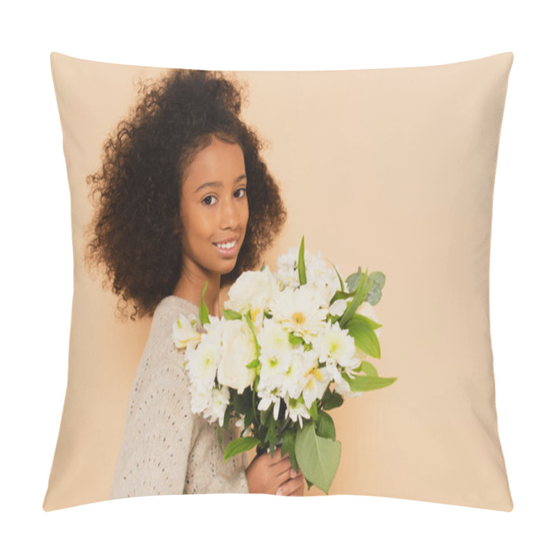 Personality  Smiling African American Preteen Girl With Bouquet Of Flowers In Hands Isolated On Beige Pillow Covers