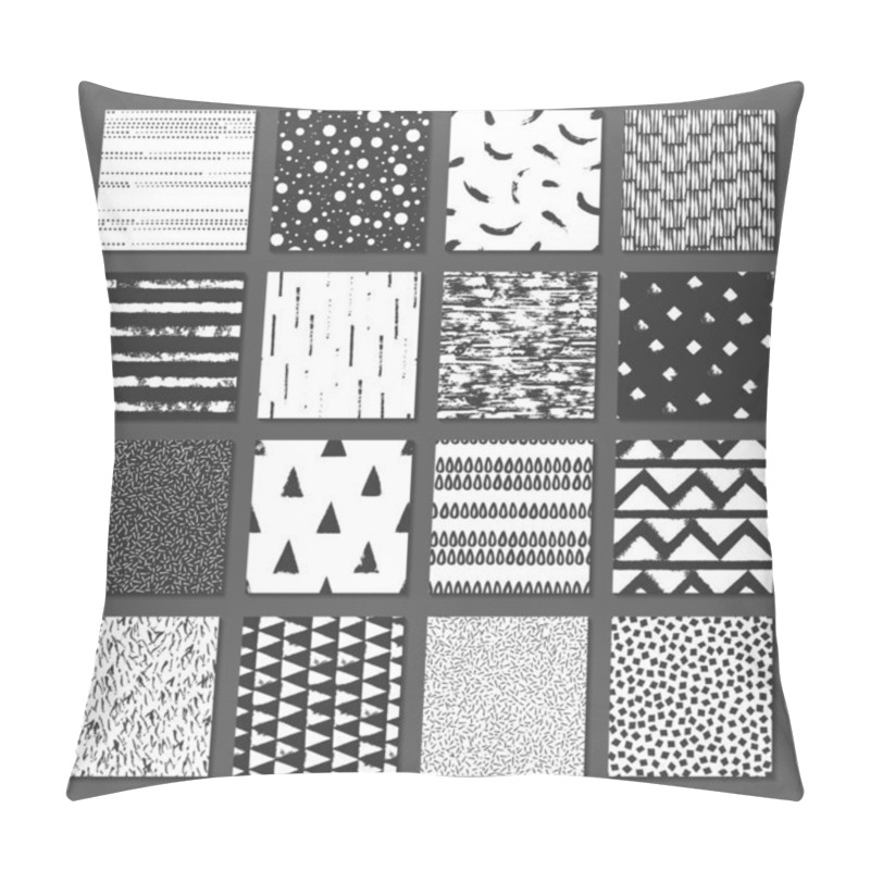 Personality  Set Of 16 Seamless Texture. Drops, Points, Lines, Stripes, Circles, Squares, Rectangles. Abstract Forms Drawn A Wide Pen And Ink. Backgrounds In Black And White. Hand Drawn. Vector Illustration. Pillow Covers