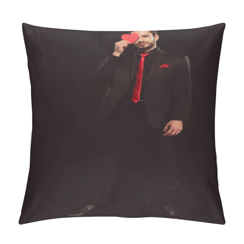 Personality  Full Length Of Elegant Man Covering Eye With Heart Shaped Paper Isolated On Black Pillow Covers