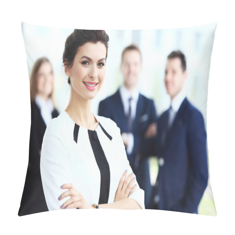 Personality  Face Of Beautiful Woman On The Background Of Business People Pillow Covers