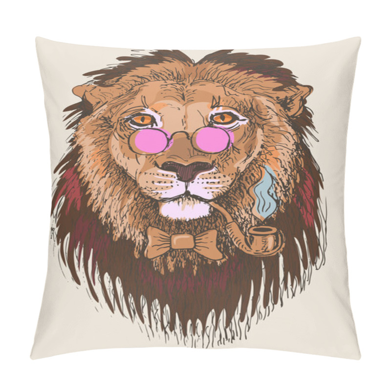 Personality  Artwork Of Hipster Lion Smoking Tube In Pink Glasses, Sketch Dra Pillow Covers