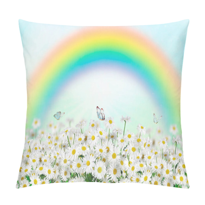 Personality  Spring Daisy And Butterfly In The Meadow Wit Rainbow. Nature Spring Or Summer Background. Pillow Covers