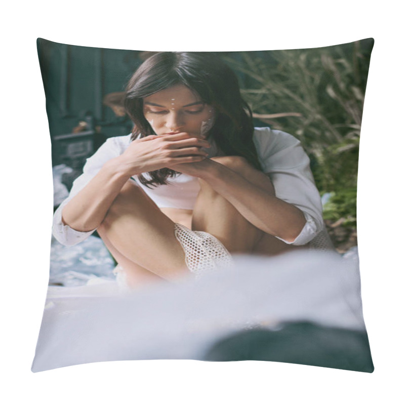 Personality  A Young Woman Poses Thoughtfully In A White Dress Amidst A Swamp Filled With Plastic Waste. Pillow Covers