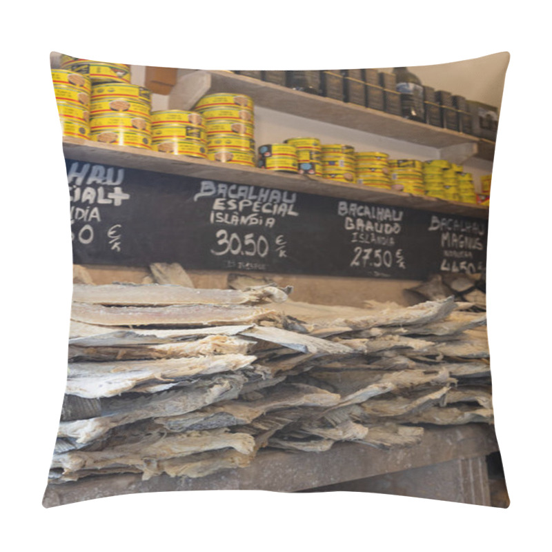 Personality  Traditional Portuguese Store In Lisbon Selling Salted Cod (bacalhau). Shelves Display Canned Fish And Dried Cod, Showcasing A Key Element Of Portuguese Culinary Heritage And Rustic Charm. Pillow Covers