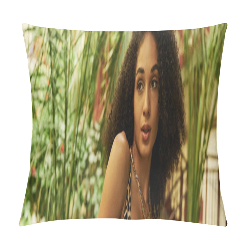 Personality  Young African American Woman With Curly Hair In Animal Print Look In A Tropical Setting, Banner Pillow Covers