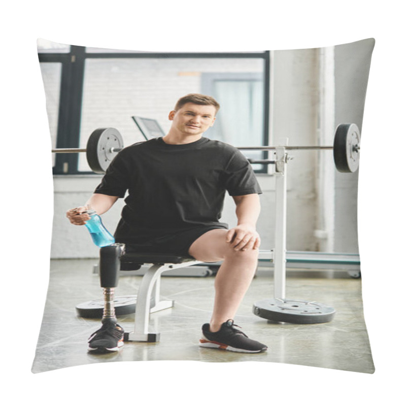 Personality  A Determined Man With A Prosthetic Leg Sits In A Chair, Near A Barbell In A Gym, Showcasing Strength And Resilience. Pillow Covers